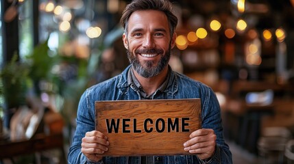 A man holding the wooden sign says welcome with coffee shop background