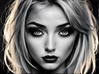 Obraz premium Black and white closeup backlit portrait of young girl long eyelashes and short hair