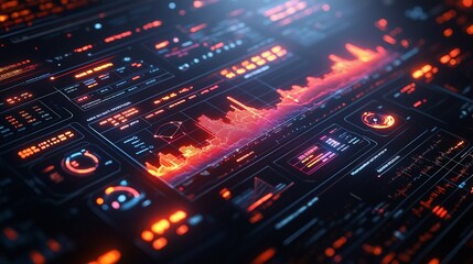 Obraz premium A close-up of a futuristic digital display with various glowing red and blue lines and graphs, creating an abstract pattern.