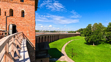 View of the ancient brick walls and towers of the Kremlin of Veliky Novgorod (Novgorod detinets)