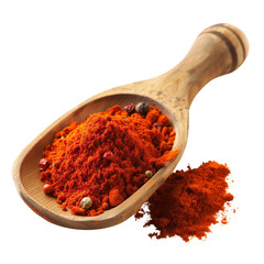 Red paprika in a wooden spoon with cayenne pepper powder in a pile, isolated on a transparent background