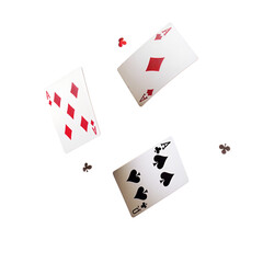 Three aces from a deck of cards flying mid-air, isolated on a  transparent background