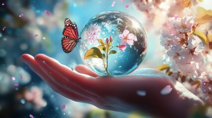 An illustration for World Earth Day. The theme is to protect the environment and protect clean green planets. The image shows a ball of glass, butterfly, and a growing cherry blossom in the hand of a