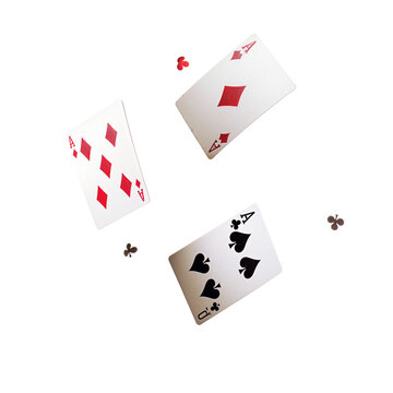 Three aces from a deck of cards flying mid-air, isolated on a  transparent background