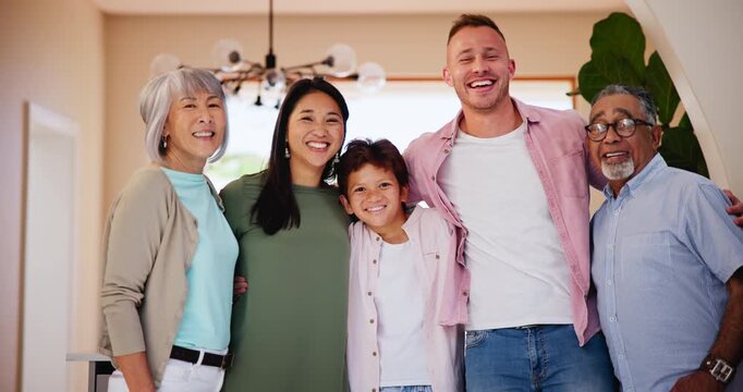Love, laughing and happy with a blended family in their home together for bonding during a weekend visit. Portrait, smile or funny with kids, parents and grandparents on the stairs of an apartment