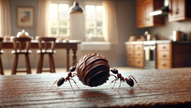 Ants Carrying Chocolate Truffle on Wooden Table in Kitchen