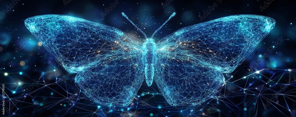 Wall mural digital wireframe butterfly on dark background representing technology and innovation