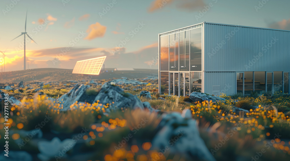 Poster An energy storage container with solar panels and wind turbines in the background, illuminated by sunlight. modern technology integration within the natural landscape. Generative AI.