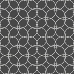 Naklejka premium Seamless geometric pattern, consisting of layered white lines with overlapping circle shapes on a gray background. Suitable for graphic design, interior, textile, printing, etc.