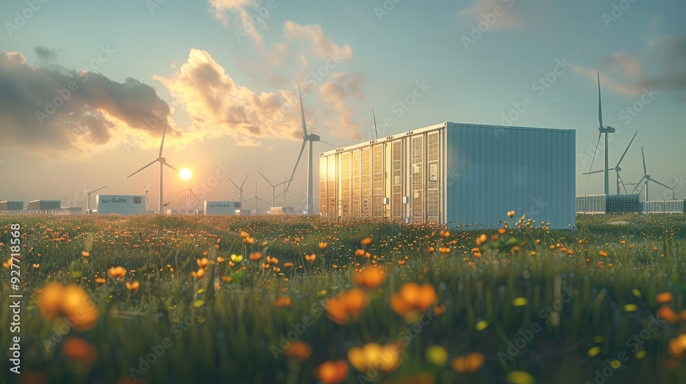 Poster an energy storage container with solar panels and wind turbines in the background, illuminated by su