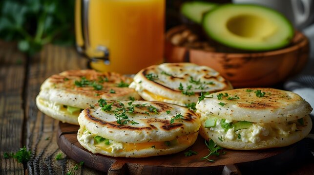 Colombian breakfasts with arepas served with avocado cheese
