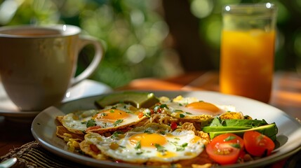 Mexican breakfasts with chilaquiles served with scrambled eggs