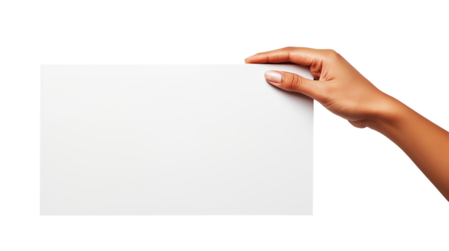 Closeup shot of a hand holding a blank white card isolated on a transparent background