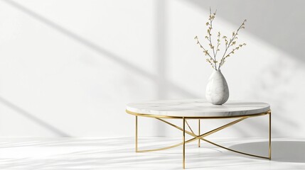 A modern coffee table with a round marble top and gold metal legs, paired with a simple decorative vase, set on an isolated white background