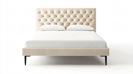 A modern bed frame with a tufted headboard in soft, beige fabric, and thin, black metal legs, centered on an isolated white background