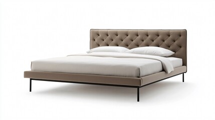 A modern bed frame with a tufted headboard in soft, beige fabric, and thin, black metal legs, centered on an isolated white background