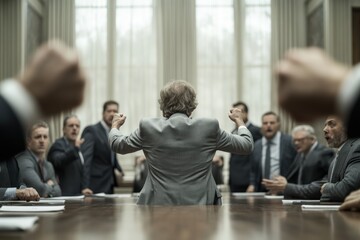 Business Meeting with Intense Discussion and Gestures in a Corporate Boardroom Setting