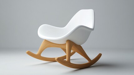 A modern rocking chair with a molded plastic seat in matte white and curved wooden rockers, isolated on a plain, light gray background