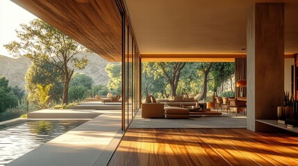 Fototapeta premium Modern luxury home blending seamlessly with nature, featuring expansive glass walls and an inviting pool under a golden sunset.