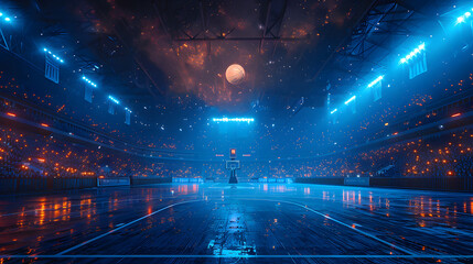 Obraz premium A basketball arena is filled with glowing lights and a cosmic atmosphere, highlighting a basketball suspended above a wet court