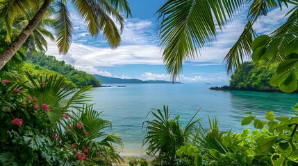 Fototapeta premium The bay is surrounded by green palm trees