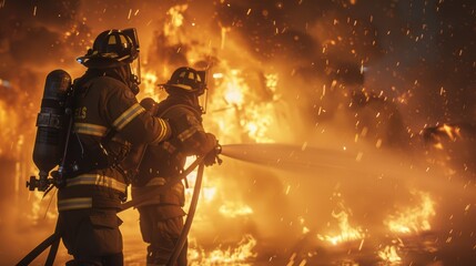Brave firefighters battling intense flames in a dramatic night scene, showcasing their valor and determination amidst a raging inferno.