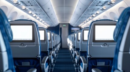 Empty airplane seats with blank monitors.