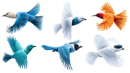 Obraz premium Colorful birds in flight showcasing vibrant plumage and dynamic movement against a neutral background.