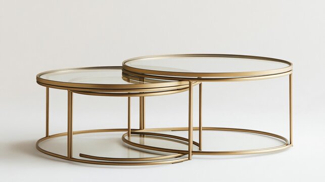 A set of contemporary nesting coffee tables with glass tops and thin, metallic frames in brushed gold, arranged neatly on a pure white background