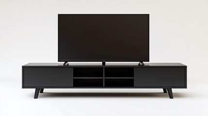A sleek TV stand with a minimalist design, featuring a matte black finish and open shelving, isolated on a pure white background
