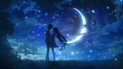 Obraz premium Beautiful and romantic wallpaper of lovebirds at night.