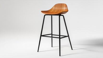 A stylish bar stool with a curved, wooden seat and slender black metal legs, isolated on a plain white background for a minimalist effect