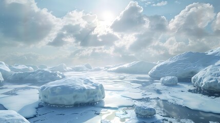 Winter snow-covered ice blocks floating in frozen water