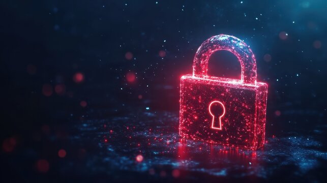 Digital red glowing padlock made of glowing atoms, for computing system on dark blue background, cyber security technology for fraud prevention and privacy data network protection concept