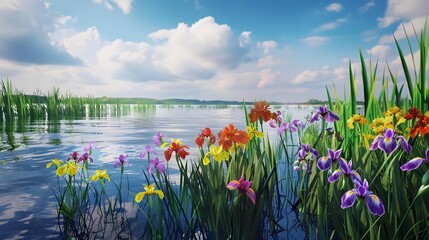 Bright irises growing on the river bank © Yelena