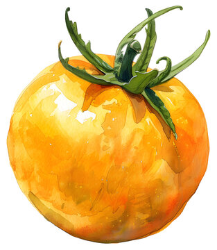 Watercolor ripe yellow tomato with green leaves sits against a white background.