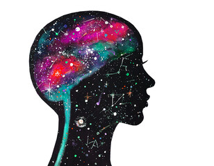 Disegno testa umana con cosmos dentro. Spazio nel cervello. Lingua dell'universo