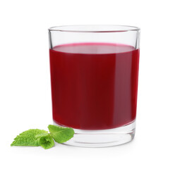 Fresh beet juice in glass and mint isolated on white