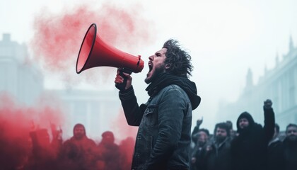 Passionate Protester Shouting Through Megaphone in a Foggy Urban Setting with Red Smoke