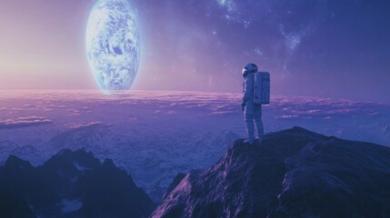 Fototapeta premium Astronaut on an unknown planet in outer space.