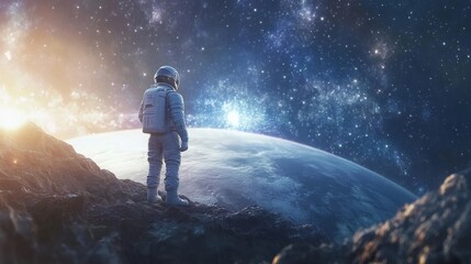 Astronaut standing on a planetary surface in space.