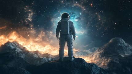 Fototapeta premium Astronaut in a spacesuit on the surface of a distant planet.