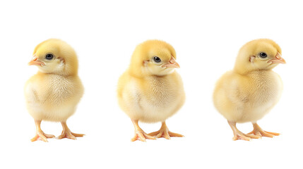 Fototapeta premium Trio of fluffy yellow chicks with curious expressions, isolated on a transparent background