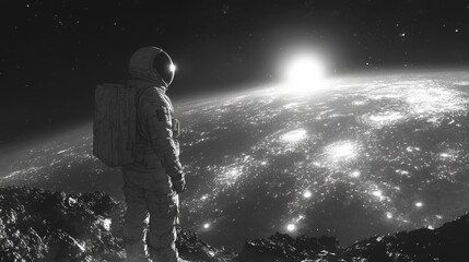 Obraz premium An astronaut observes the universe from another planet.