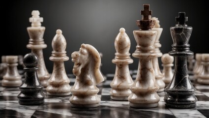 Marble chess pieces arranged on a checkered chessboard