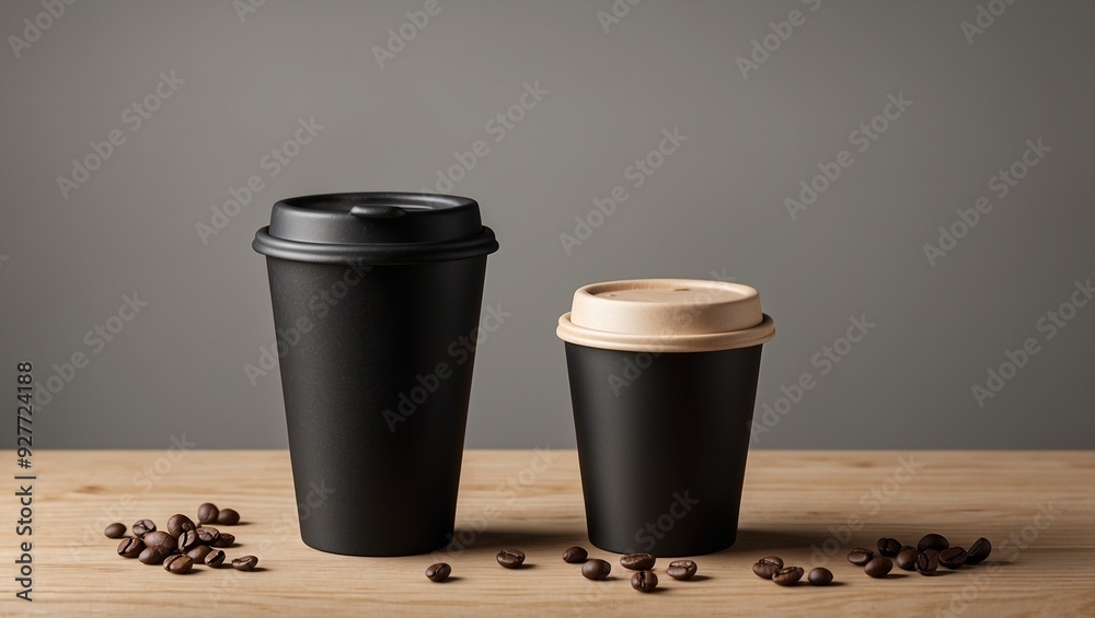 Wall mural Two black coffee cups with coffee beans on wooden table