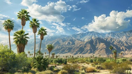 Obraz premium A tranquil scene with palm trees and mountains.