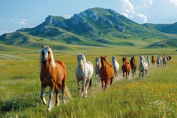 A herd of horses running across a field