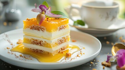 Passion fruit cake and mousse dessert with tropical flavor displayed on a white plate with tea cup Room for text