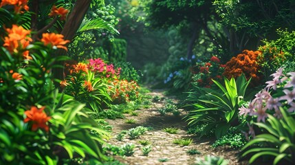 The flowerbed is lush and surrounded by green